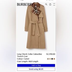 Long Check Collar Gabardine Trench Coat